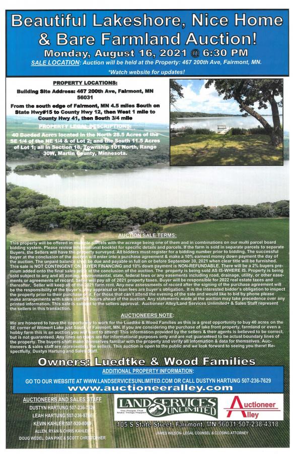 SOLD $19,300 Per Acre - $772,000 - Luedtke & Wood 40+/- Acre Bare Farmland & Improved Lake Property