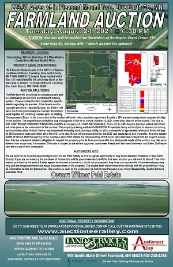 SOLD $7,625 - Wilmer Pahl Estate 229.60+/- Pleasant Mound Township, Blue Earth County, Minnesota Farmland Auction