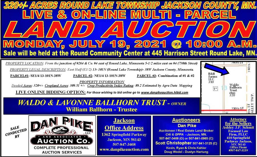 SOLD $12,000 / Deeded Acre - Ballhorn Trust 320+/- Acre Prime Round Lake Jackson County, Minnesota Live & Online Farmland Land Auction 