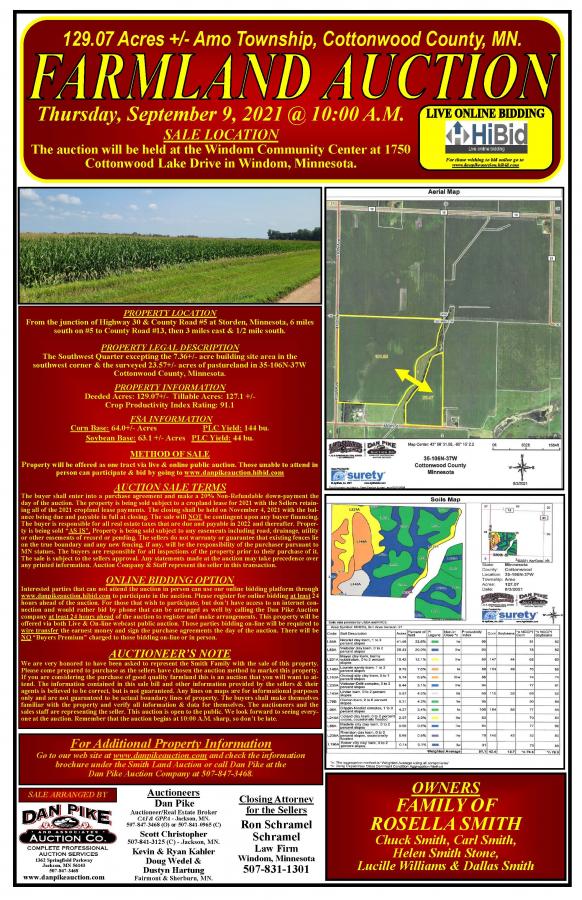SOLD $8,650/ Acre-Rosella Smith Family 129.07+/- Acre Amo Township Cottonwood County Minnesota Live & Online Farmland Auction