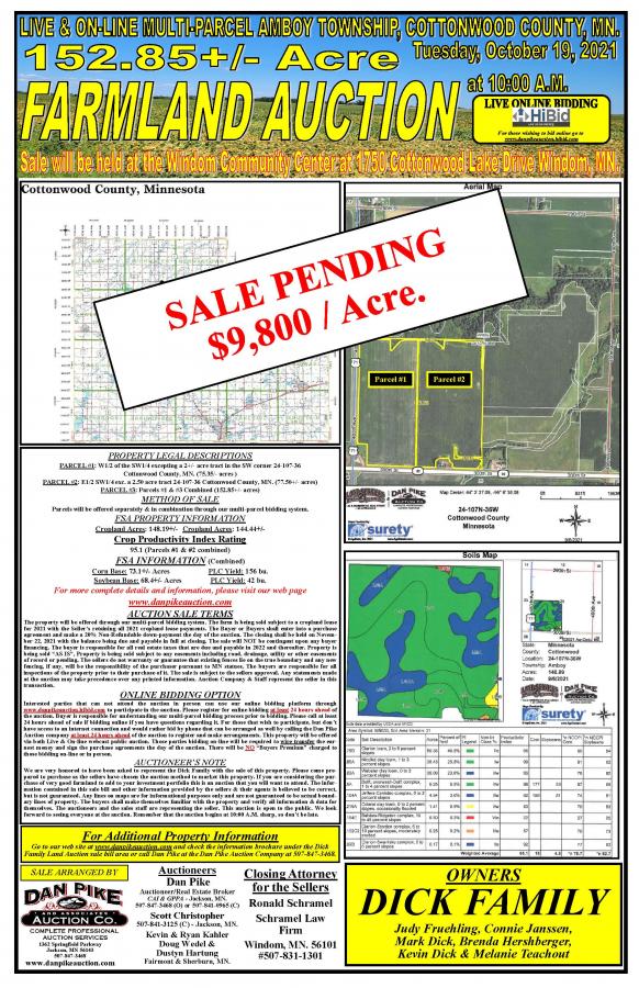 SOLD $9,800 PER ACRE - Dick Family - Live & Online Multi-Parcel Amboy Township Cottonwood County, Minnesota 152.85+/- Acre Farmland Auction