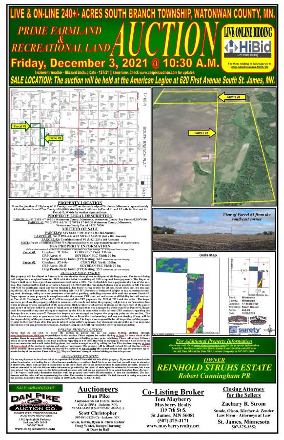Sold $7,000 / Acres for Parcels #1 & #2 combined -  -Struhs Estate Live & Online 240 Acre South Branch Township, Watonwan County, Minnesota Prime Farmland & Recreational Land Auction
