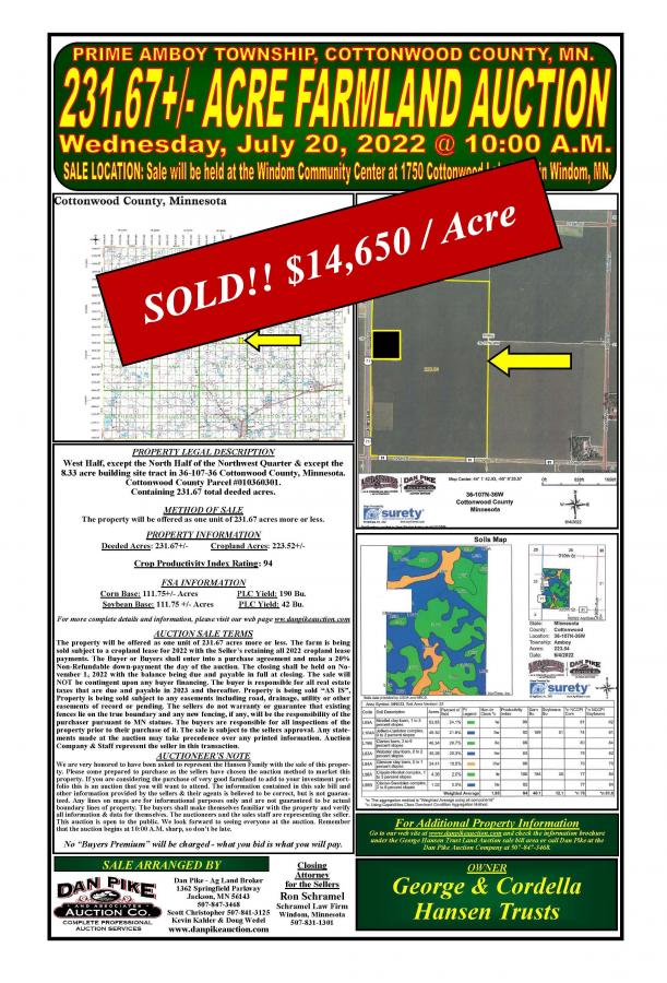 SOLD!! $14,650 / Acre - George & Cordella Hansen Trusts 231.67 Acre Amboy Township Cottonwood County, MN. Farmland Auction