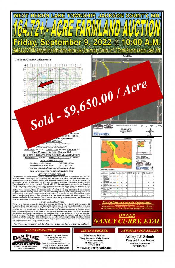 SOLD $9,650 / Acre - Nancy Curry, ETAL 164.72+/- Acre Farmland Auction