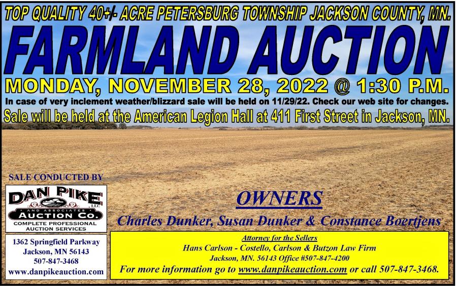 Dunker Family Top Quality 40+/- Acre Petersburg Township Jackson County, MN. Farmland Auction - Updated tax information as of 11-21-22