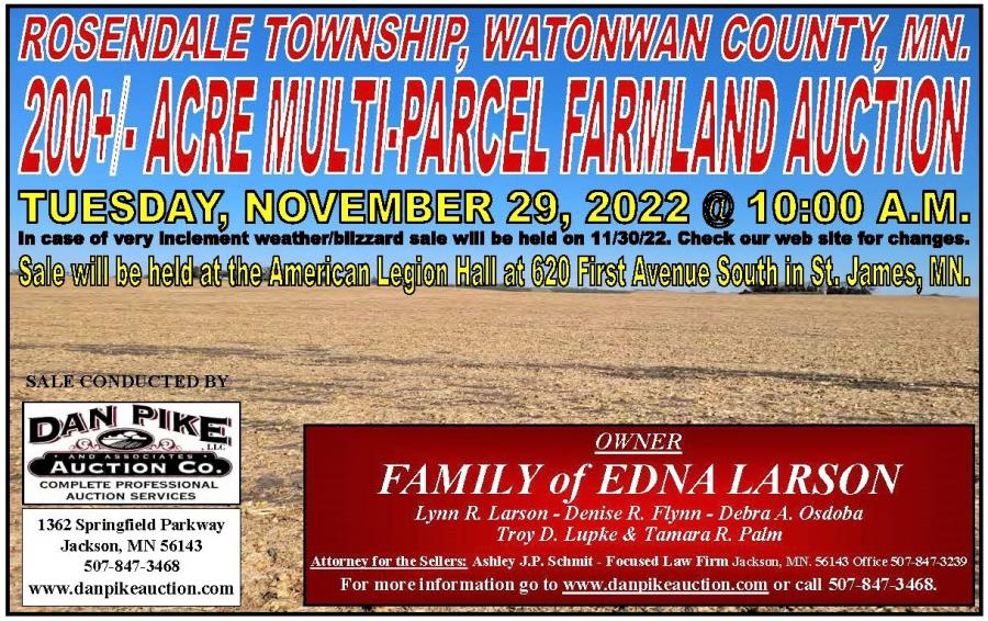 Edna Larson Family 200+/- Acre Multi-Parcel Farmland Auction Rosendale Township, Watonwan County, Minnesota