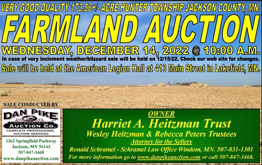 Harriet A. Heitzman Trust 173.56 +/- Acre Hunter Township Jackson County, Minnesota Farmland Auction