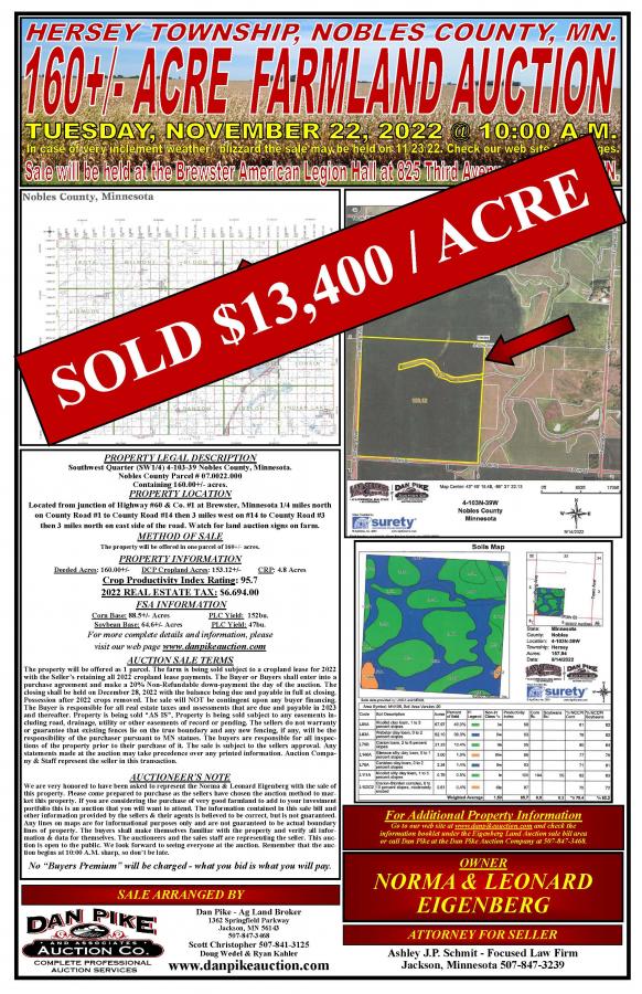 SOLD $13,400 / Acre - Norma & Leonard Eigenberg 160+/- Acre Hersey Township Nobles County, MN. Bare Farmland Auction
