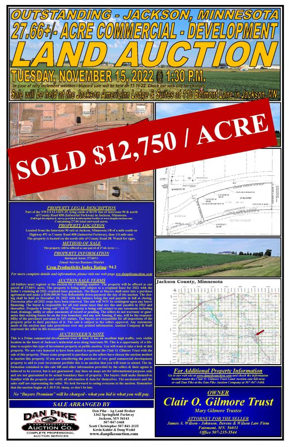 SOLD $12,750 / ACRE - Jackson Minnesota Outstanding 27.66+/- Acre Commercial - Development Land Auction