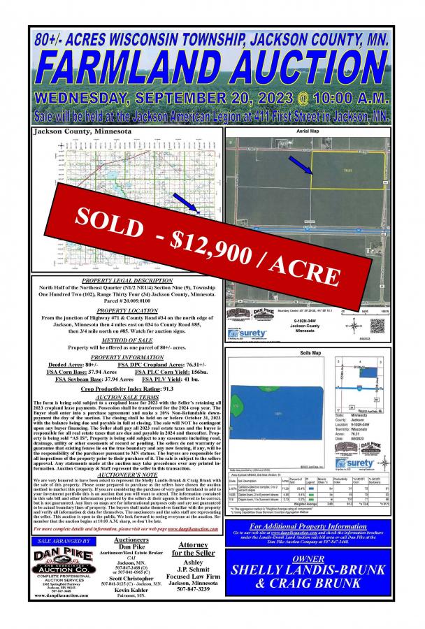 SOLD - $12,900 / ACRE - Wednesday, September 20 @ 10:00      Landis-Brunk Prime Wisconsin Township Jackson County, MN. 80+/- Acre Farmland Land Auction 